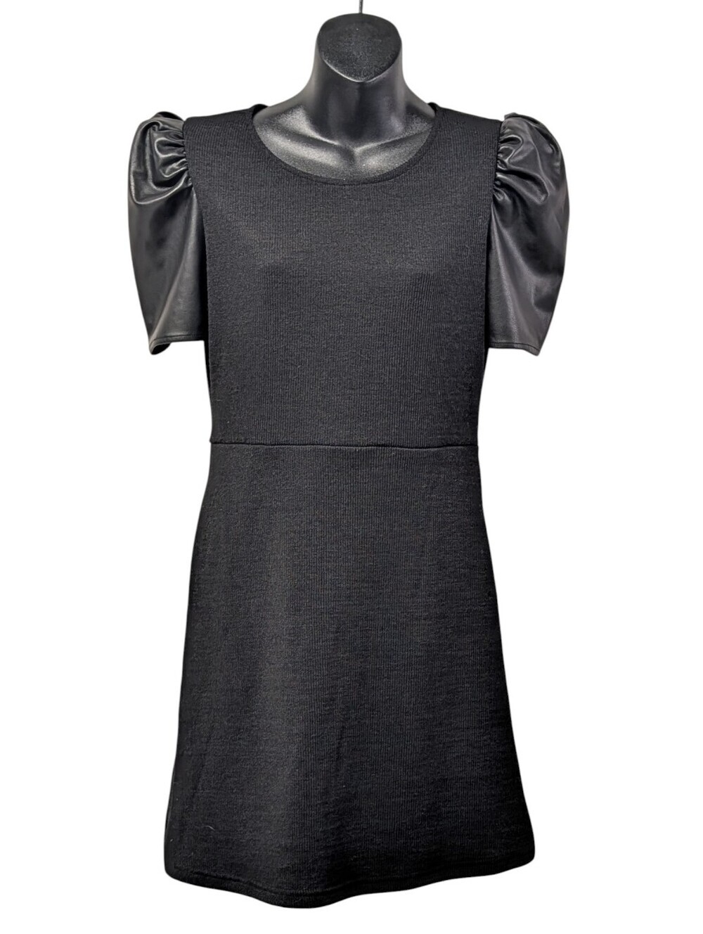 THML Women's Black Ribbed Knit Mini Sweater Dress Faux Leather Puff Sleeves M